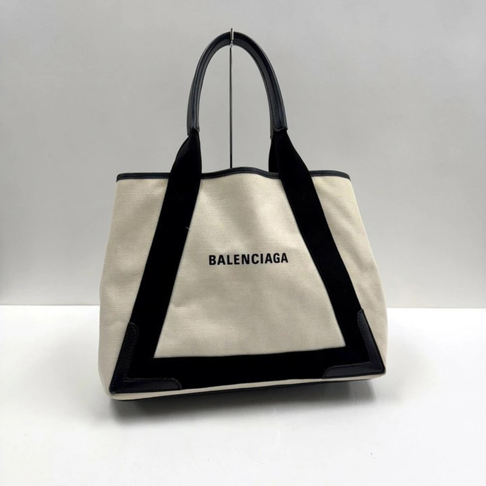 Balenciaga Navy Blue Cabas white canvas black calfskin